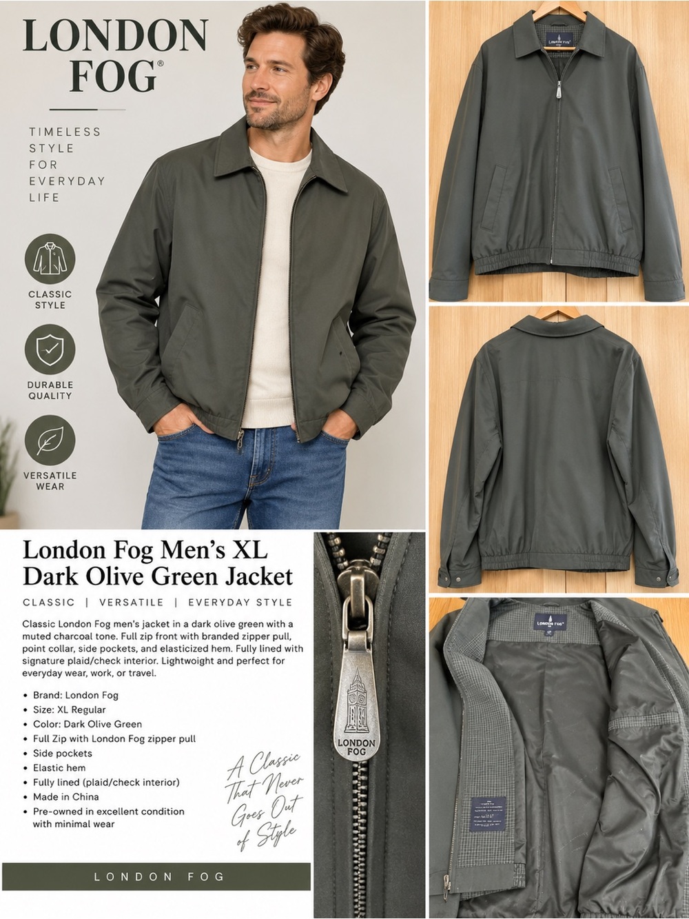London Fog Men’s XL Dark Olive Green Full Zip Jacket
